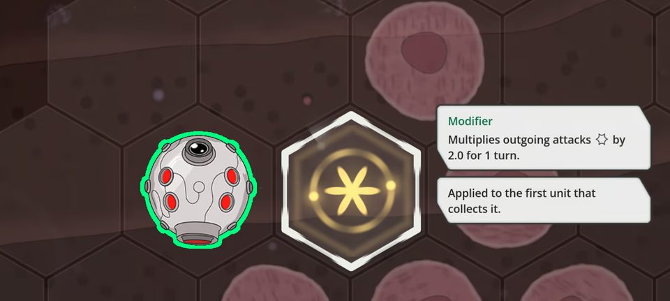 A unit next to a Cytokine tile whose tooltip reads: multiplies outgoing attacks by 2.0 for one turn, applied to the first unit that collects it
