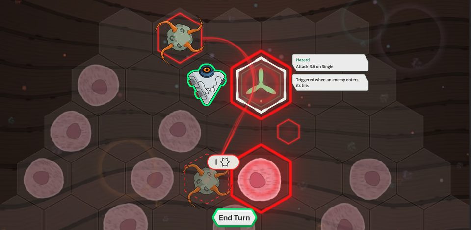 A hazard placed on a pathogen's path, with its tooltip: Attack 3 on single, triggered when an enemy enters its tile