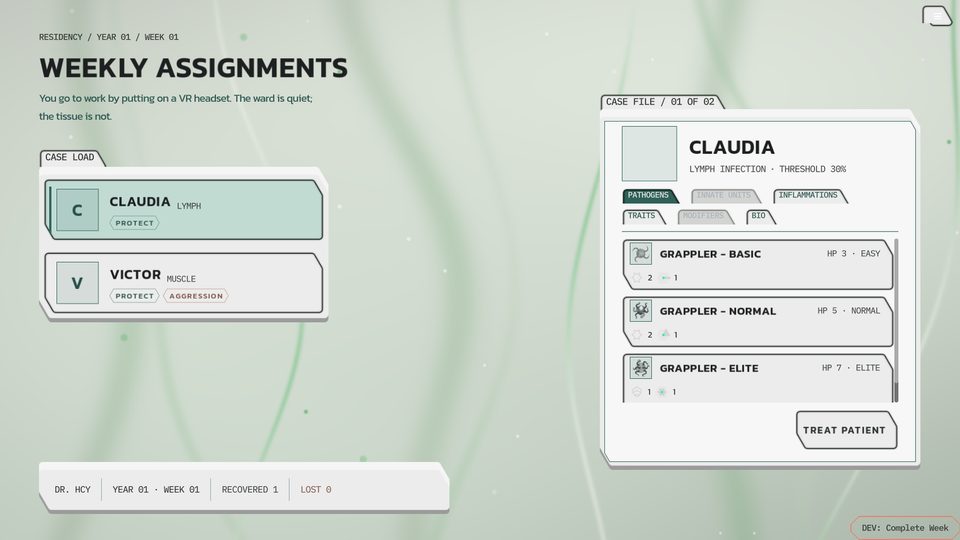 The weekly assignments screen with a patient's case file open